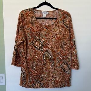 Dress Barn Graphic Brown and Orange Blouse Relaxed Fit